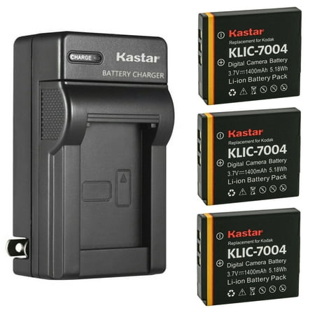 Kastar 3-Pack KLIC-7004 Battery and AC Wall Charger Replacement for Kodak PLAYSPORT PLAYTOUCH PlayFull Dual Zi10 Zi12 Zx3 EasyShare M1033 EasyShare M1093 IS EasyShare M2008 EasyShare V1073