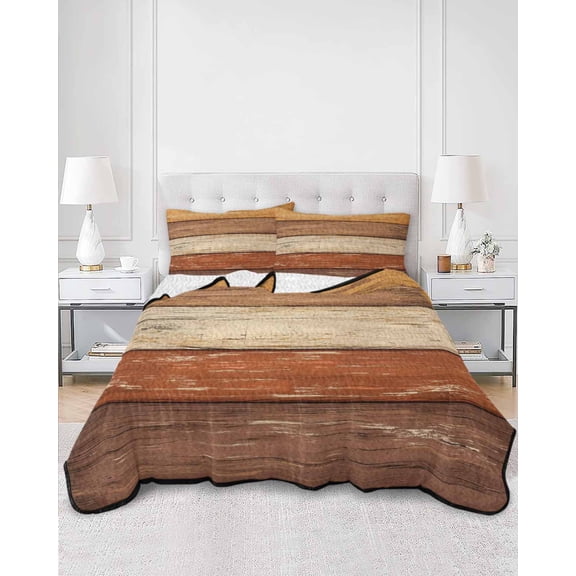 Quilts King Size, Farmhouse Burnt Orange Brown Soft Comforter Bedding Set for Bed, Vintage Wooden Striped Lightweight Quilted Bedspread with Pillow Cover(2 Pieces) for All Season, 96x106 Inch