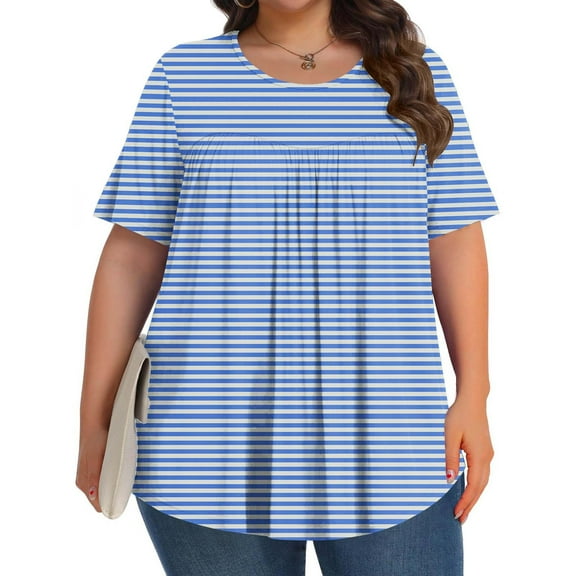 QUNYINEY Short Sleeve Womens Spring Tops Crew Neck Striped Casual Blouses Loose Pleated Plus Size Pullover Tops