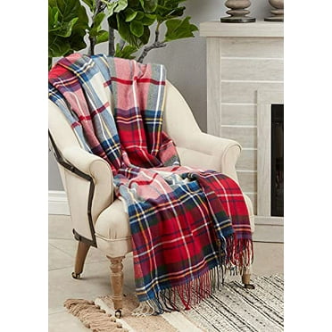 Fennco Style Classic Plaid Design Fringe Throw Blanket 50" W x 60" L - Multicolored Blanket for Couch, Bedroom and Living Room Décor