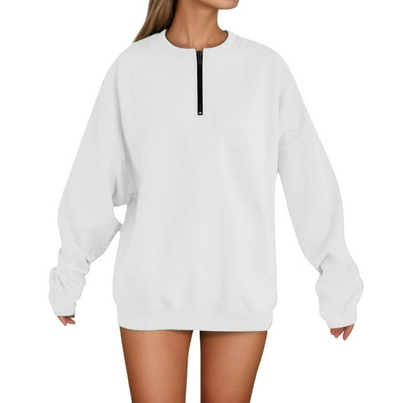 LIIPEE Women Hoodless Solid Color Long Sleeve Round Neck Half Zip Pullover Top Woman Breathable Indoor Outdoor Wear Sweatshirts,White,L
