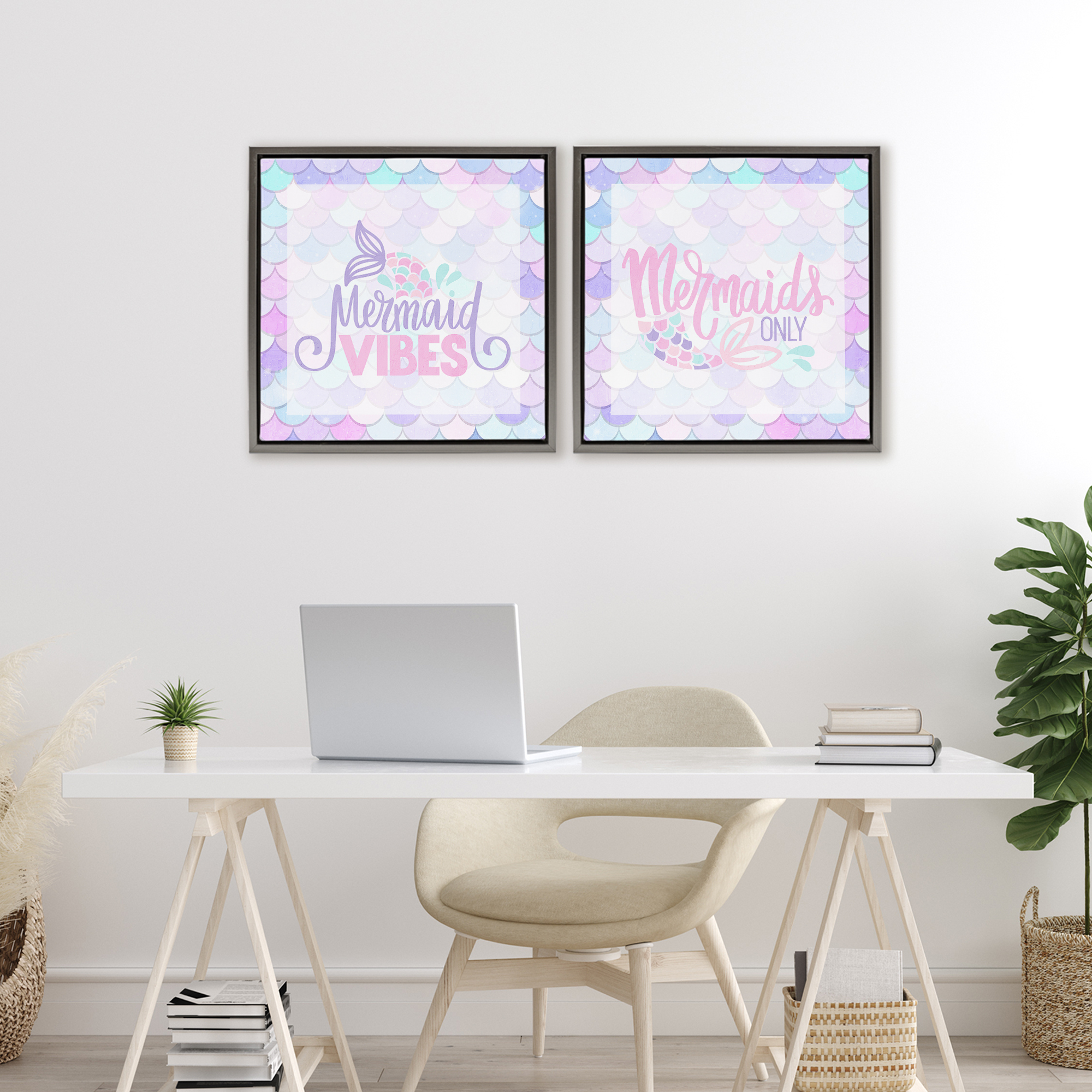 Dreamy Mermaid Phrases with Scales 2 Piece Gray Framed Floater Canvas Set, design by Kim Allen