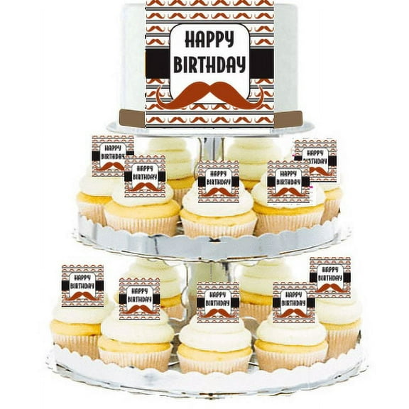 Happy Birthday Brown Mustache Edible Photo Toppers & Edible Cupcake Decoration Kit