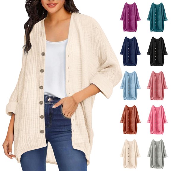 Gmluru Summer Cardigans For Women Lightweight Long Sleeved Loose And Casual Solid Color Button Shirt Tops Beige XL