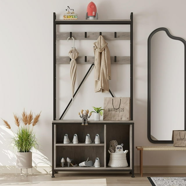 Entryway Bench with Coat Rack | 5-in-1 Hall Tree Organizer for Mudroom & Entry