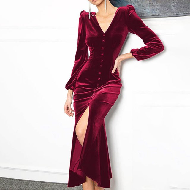 Pisexur Robe à Manches Longues Col en V Mi-Mollet Mode Femme Robe Décontractée Unie Col en V Manches Mi-Mollet Bouton Robe Femme