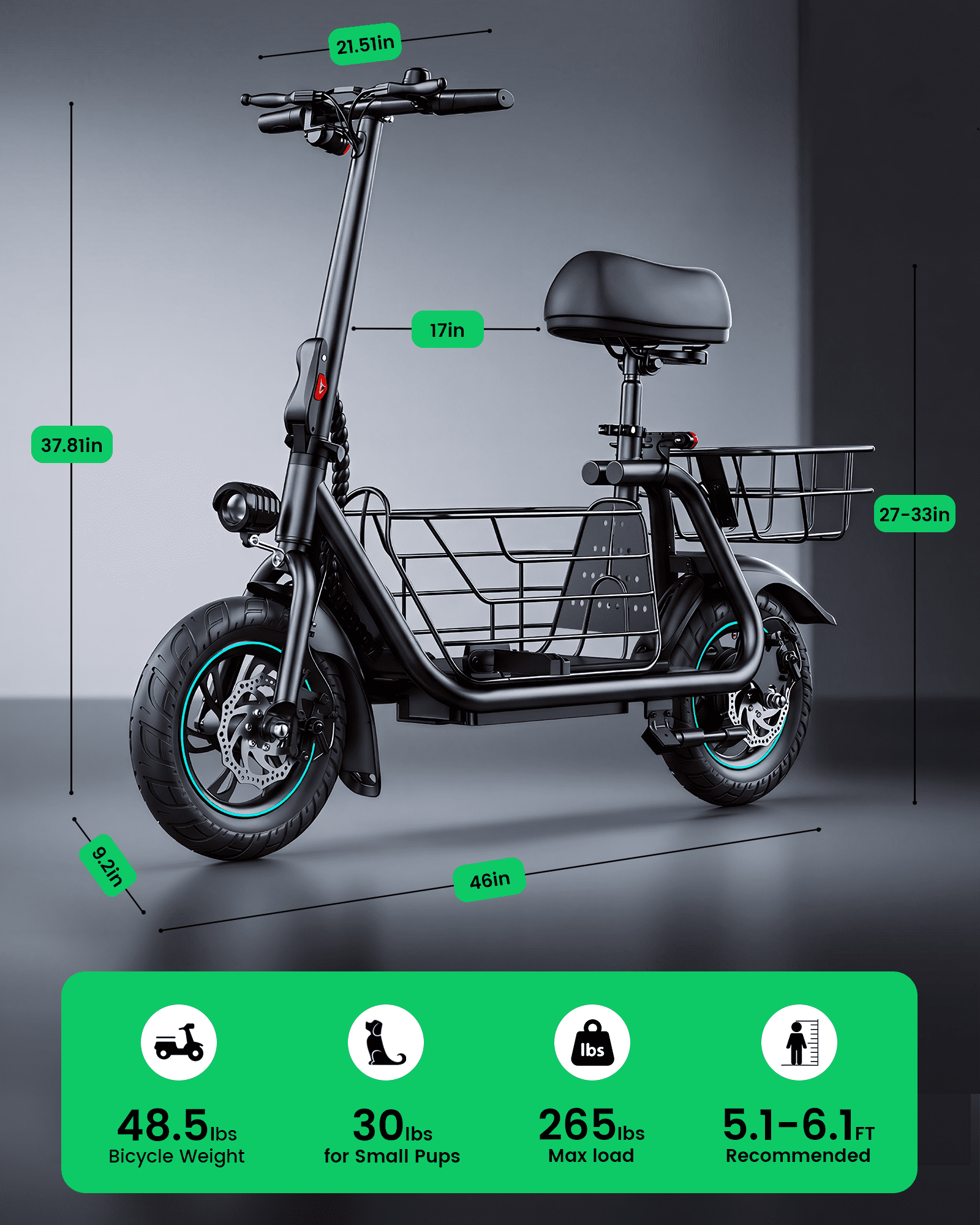 MIHOVER 550W Pet Friendly Electric Scooter with Seat for Small Dogs, 12" Electric Scooters for Adults, Dual Baskets 36V 7.8AH Battery, UL2272 Certified