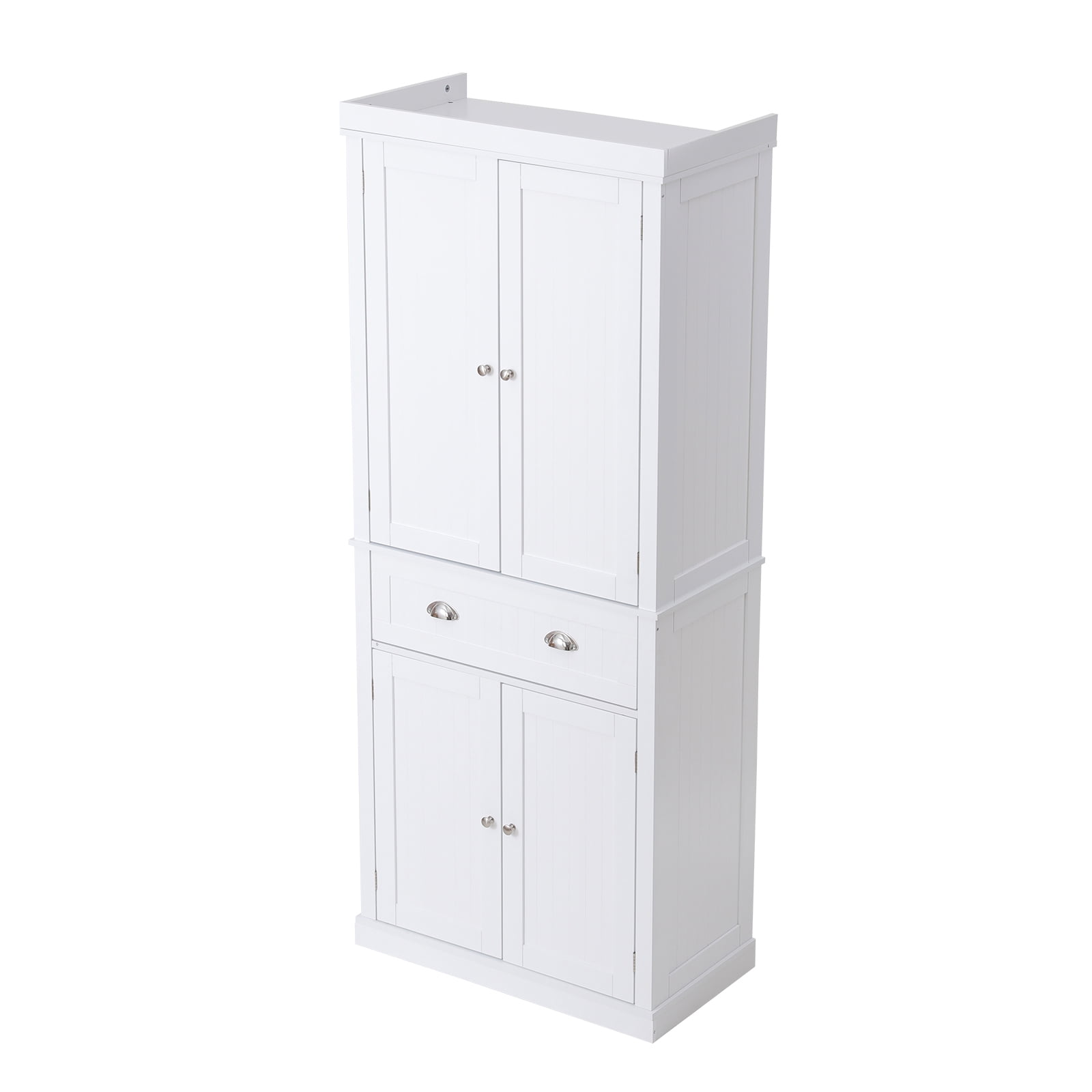 KFFKFF 72" H 4-Door Pantry Cabinet with Drawer, Food Storage Cabinet with Adjustable Height Shelves for Kitchen, Lounge, Dining Area, Laundry, White