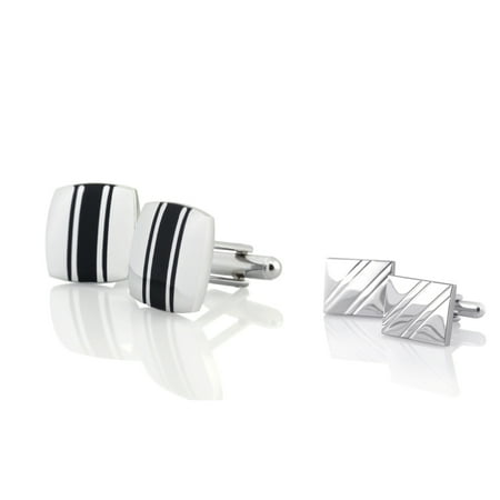 Zodaca Silver Square Diagonal Ribbed 18x14mm+Black/Silver Square 0.6"x0.6" Cufflinks (2-in-1 Accessory Bundle)