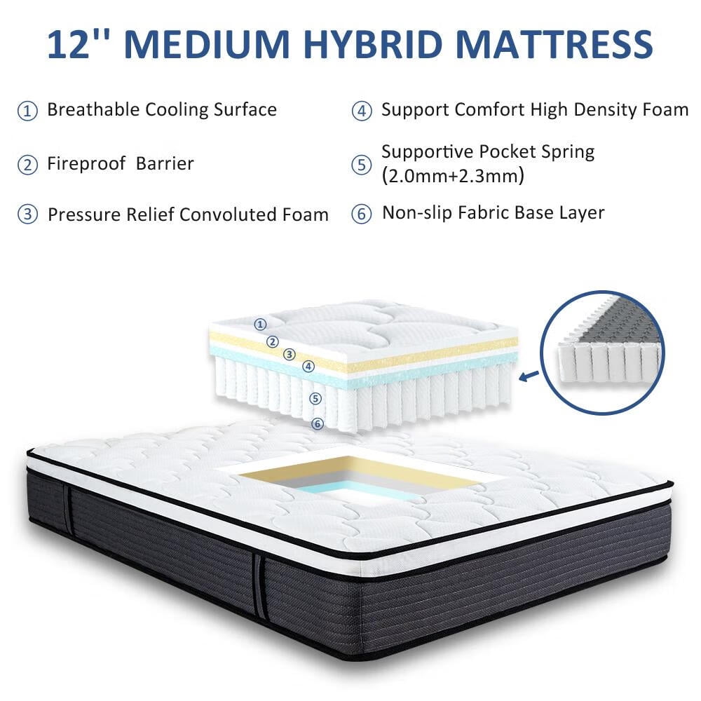 Queen Rose 12'' Full Size Hybrid Mattress, Medium Firm, Pillow Top, Hypoallergenic, Supportive, Pressure Relief