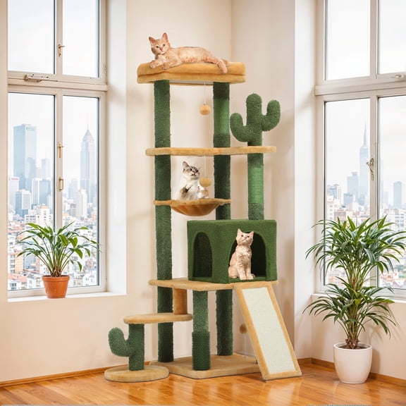 ModFusion 60" Tall Multi-Level Cat Tree with Cactus Design, Plush Perches, Scratching Posts, and Hammock for Pets