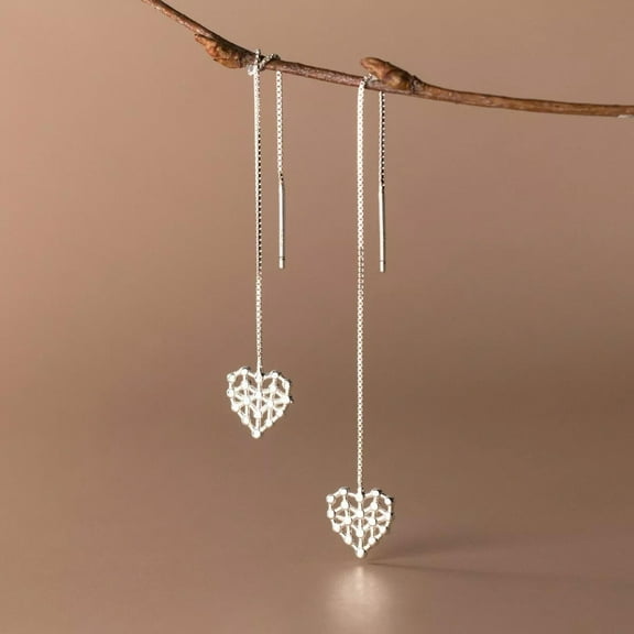 EOEMY Real Solid 925 Sterling Silver Long Threader Earrings Delicate Heart Simple