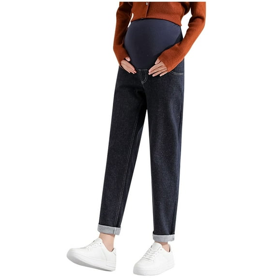 FNFYFH Women's Maternity Jeans Straight Leg Over Belly Pregnancy Pants Comfy Stretch Denim Harem Pants