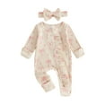 thumbnail image 2 of Loicainy Newborn Baby Girl Spring Fall Romper 3 6 Months Bow Print Long Sleeve Full Length Zipper Front Ribbed Jumpsuit Bow Headband 2Pcs Set, 2 of 9
