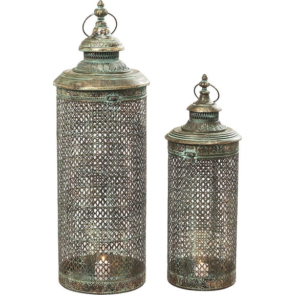 Moroccan Metal Temple Lanterns, Luxury Floor Hurricanes, Set of 2, For LED or Wax Candles, Sealed Iron, Antiqued Patina, Hinged Top, 29 and 22 Inches, the Global Chic Collection