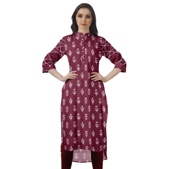 Moomaya Kurti en Coton Col Mandarin pour Femmes Robe Longue Imprimée Grande Taille