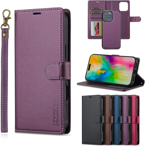 for iPhone 16 Pro Case, 2 in1 Multifunctional Detachable Wallet Phone Case for Men Women with RFID Blocking Card Holder Wrist Strap Shockproof Protective Case for iPhone 16 Pro (Purple)