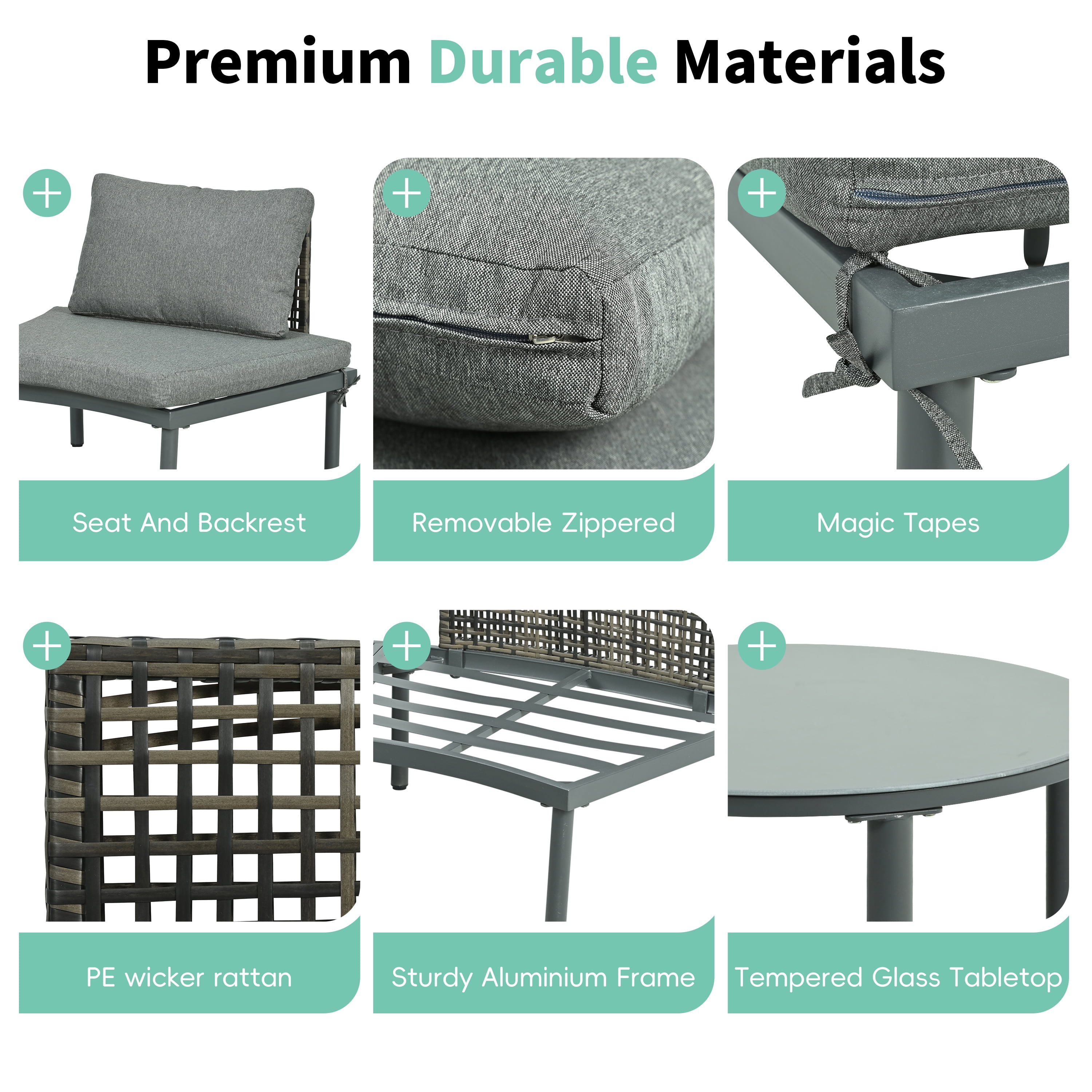 Upgrade Patio Furniture Set, Seizeen 6-Piece Half-Moon Patio Sofa Set, Modular Outdoor Sectional with 2 Round High-Low Coffee Tables, PE Wicker & Aluminum Frame, Tempered Glass Top, Cushions & Pillow