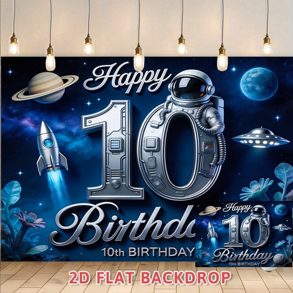 Space Theme 10th Birthday Backdrop, Astronaut Starry Sky Party Decoration Banner, Photo Booth Background for Birthday Party, Anniversary Banquet Scene Layout Prop
