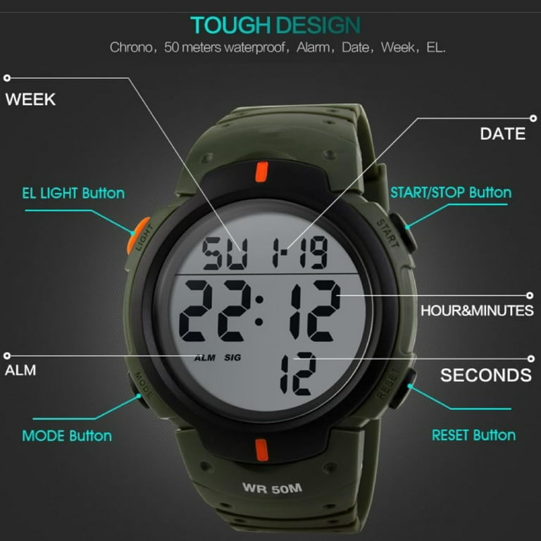 Men s Digital Sports Watch LED Screen Large Face Military Black