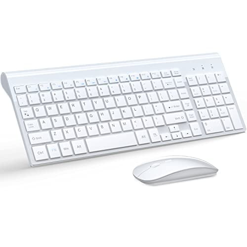 Wireless Keyboard and Mouse Ultra Slim combo, TopMate 24g Silent compact USB Mouse and Scissor Switch Keyboard Set with cover, 2 AA and 2 AAA Batteries, for PcLaptopWindowsMac - White
