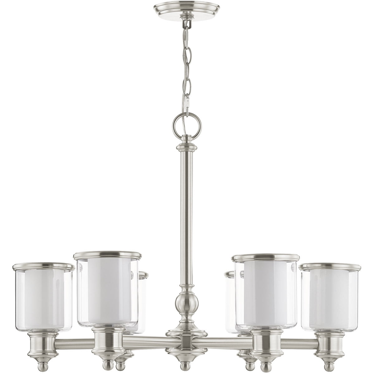 6 Light Brushed Nickel Chandelier with Clear Glass & Satin Opal White Glass Shade
