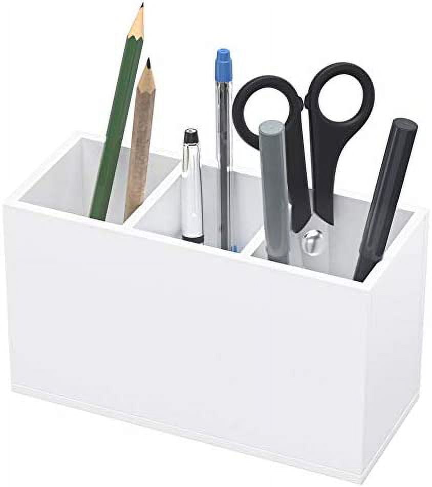 Acrylic Pen Holder 3 Compartments, White Pencil Organizer Cup for Countertop Desk Accessory Storage
