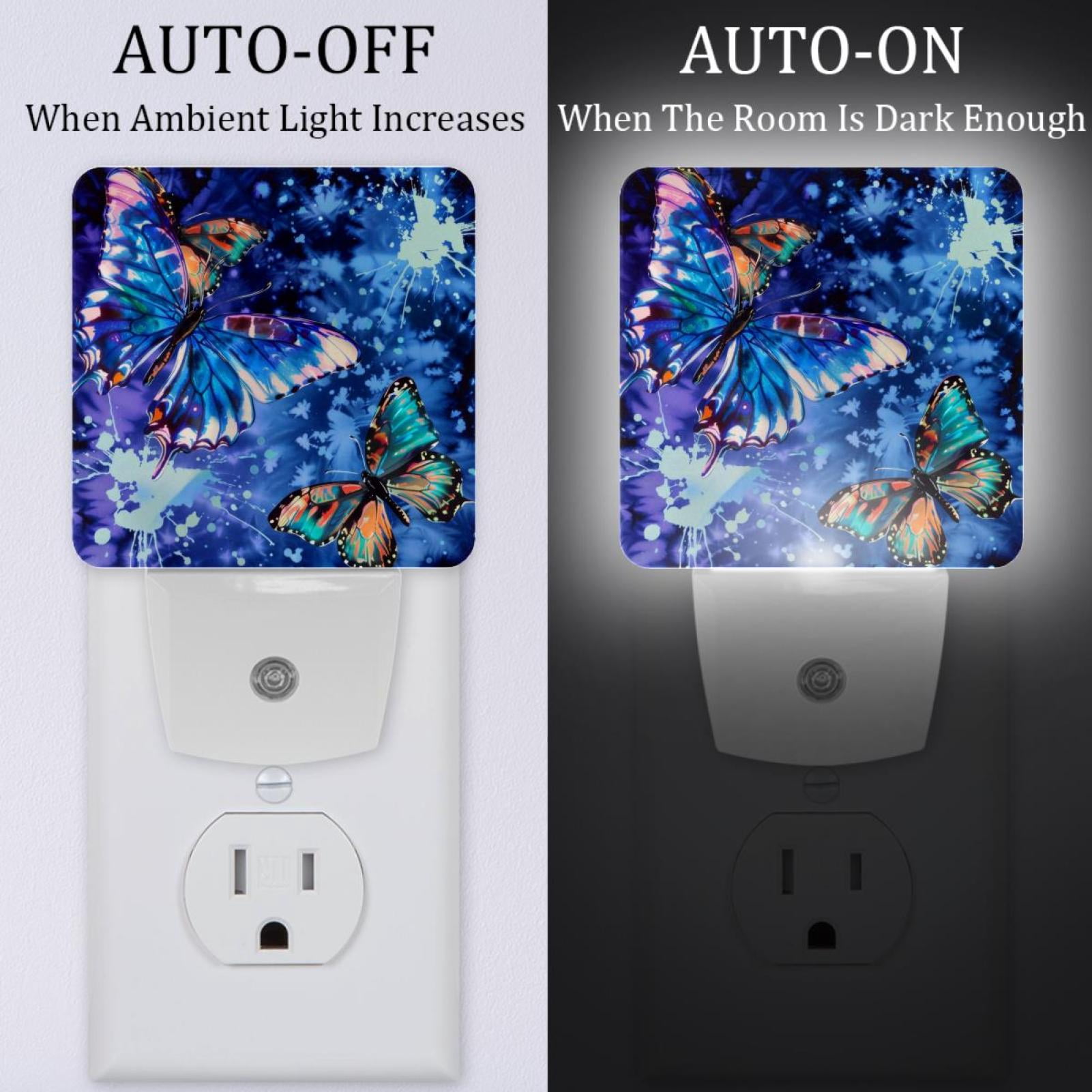 PhooArto Tie Dye Color Butterflies Plug in LED Night Light Auto Sensor Dusk to Dawn Decorative Night for Bedroom, Bathroom, Kitchen, Hallway, Stairs, Baby's Room, Energy Saving