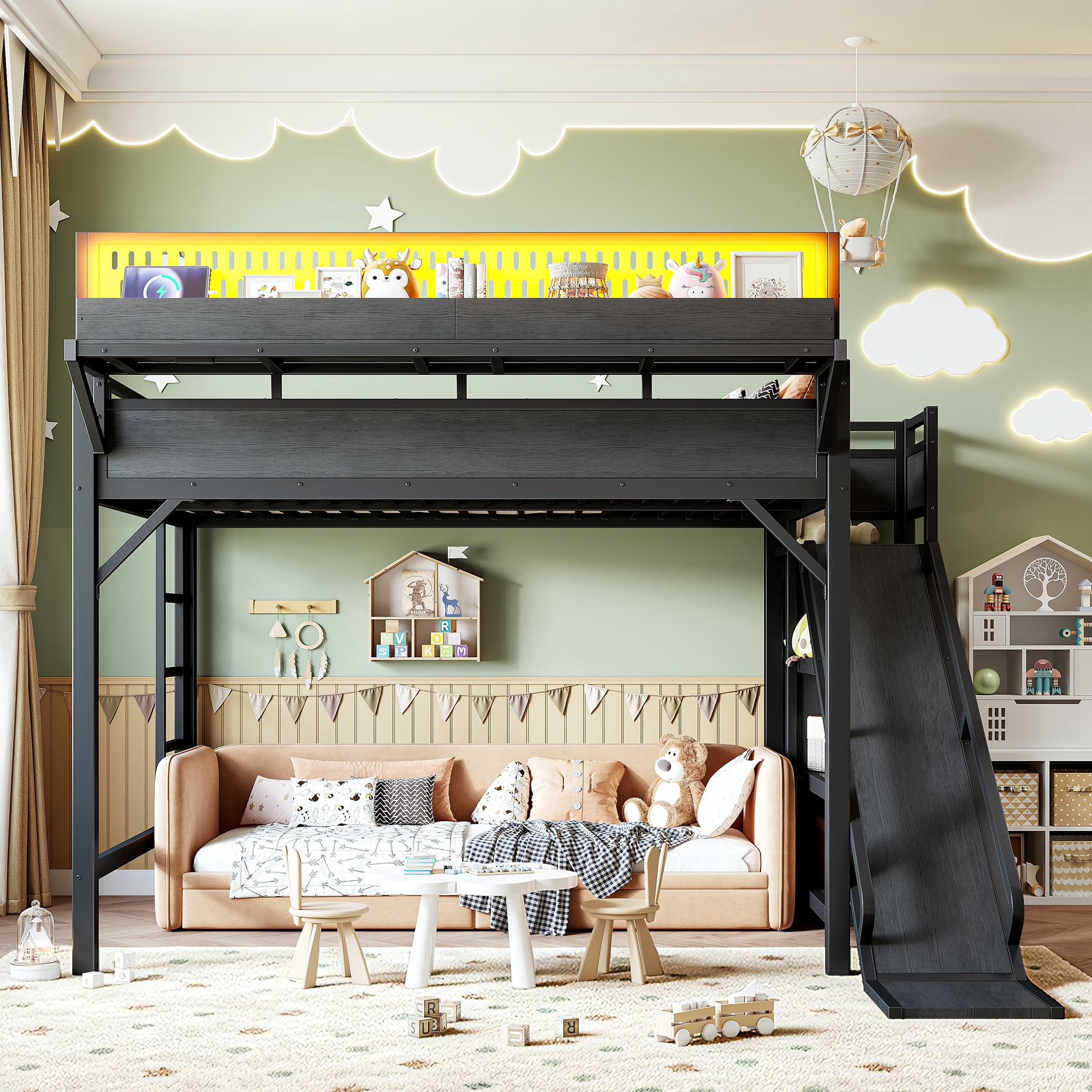 Queen Size Metal Loft Bed with Slide and Storage Shelves, Built-in Wardrobe and USB Ports with LED Lights for Kids, Black