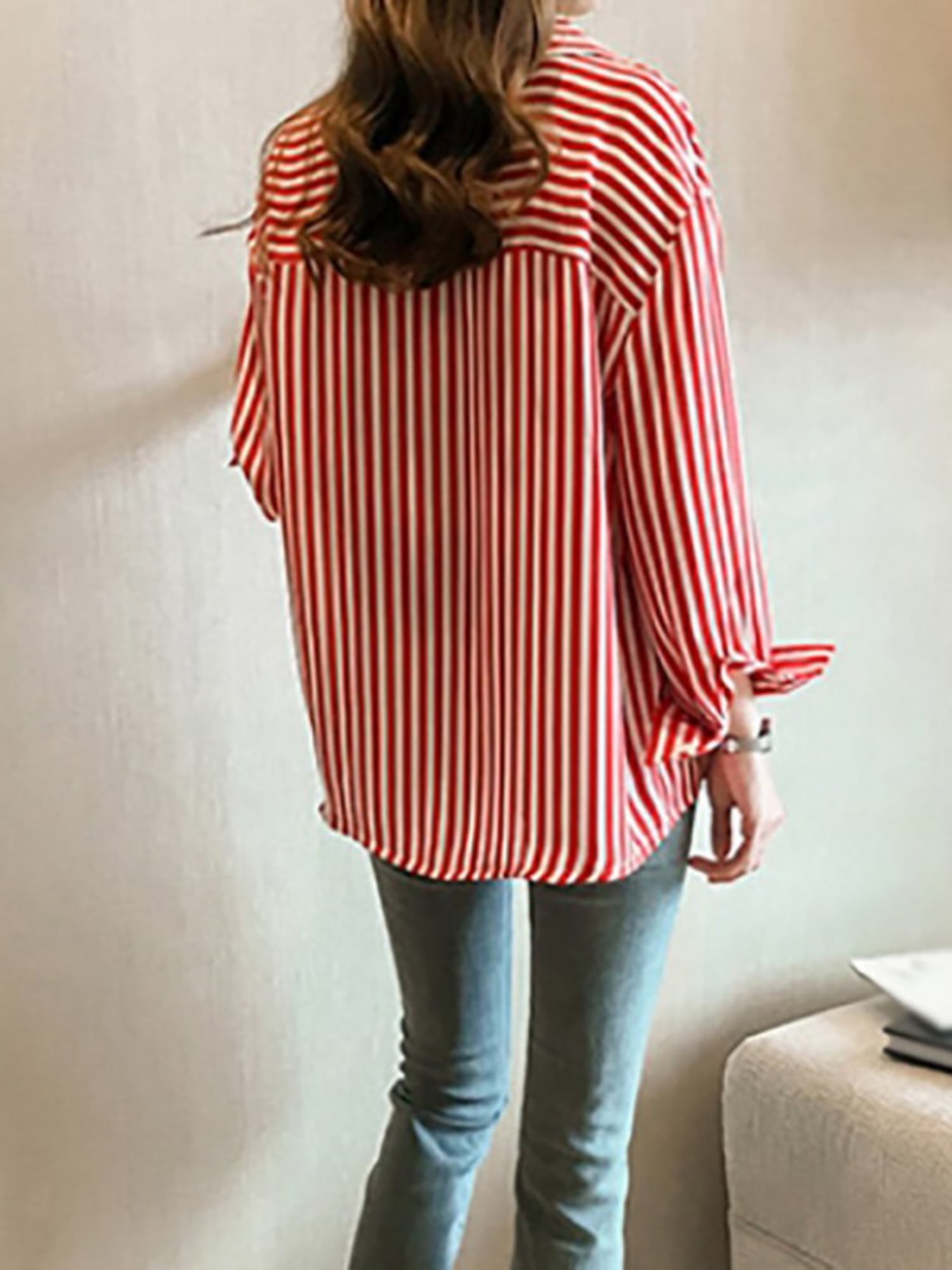 Zupora Women's T Shirt Loose Fit Striped Print Long Roll Sleeves