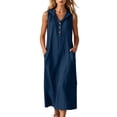 thumbnail image 2 of ClodeEU Women's V Neck Sleeveless Linen Blend Hooded Midi Dress,Casual Loose Fit Dress with Pockets Navy,Women's Plus XXL, 2 of 7