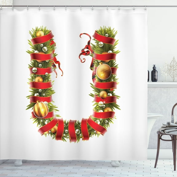 Ambesonne Christmas Alphabet Shower Curtain, U Letter, 69"Wx75"L, Pearl and Olive Green