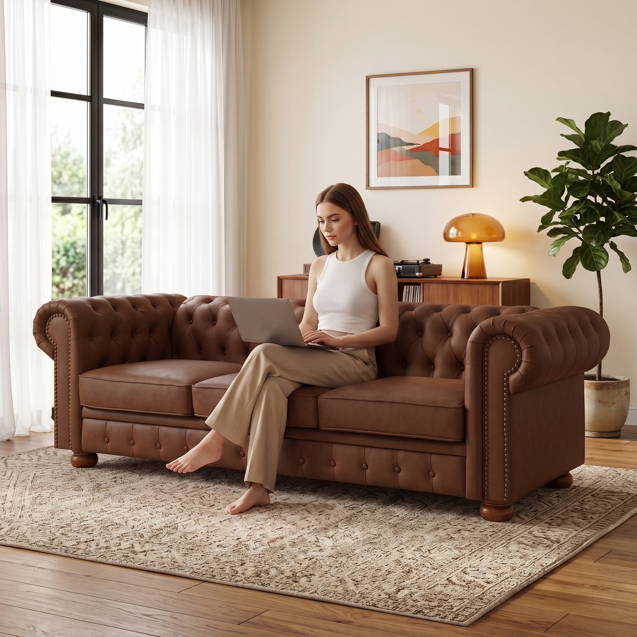 81" Brown Chesterfield Faux Leather Sofa, Rolled Arm 3 Seater Couch, Button Tufted Back, Nailhead Trim, Individual Cushions, Solid Wood Legs for Living Room, Office, Apartment