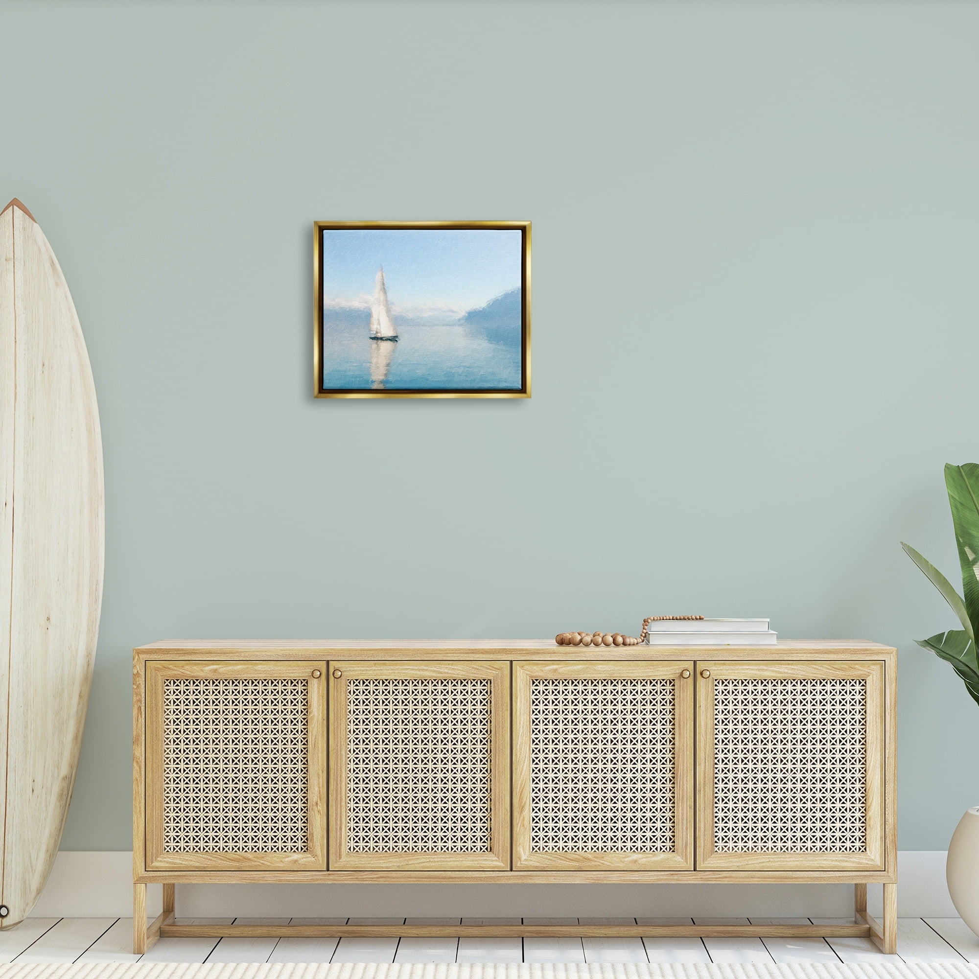 Stupell Blue Ocean Sailboat Sea Reflection Landscape Painting Gold Floater Framed Art Print Wall Art