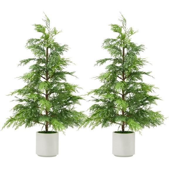 2Pcs 3Ft Cedar Topiary Trees in White Planters,UV-Resistant Faux Evergreen Outdoor Indoor Decor,Artificial Cedar Christmas Porch Trees for Home Garden Farmhouse