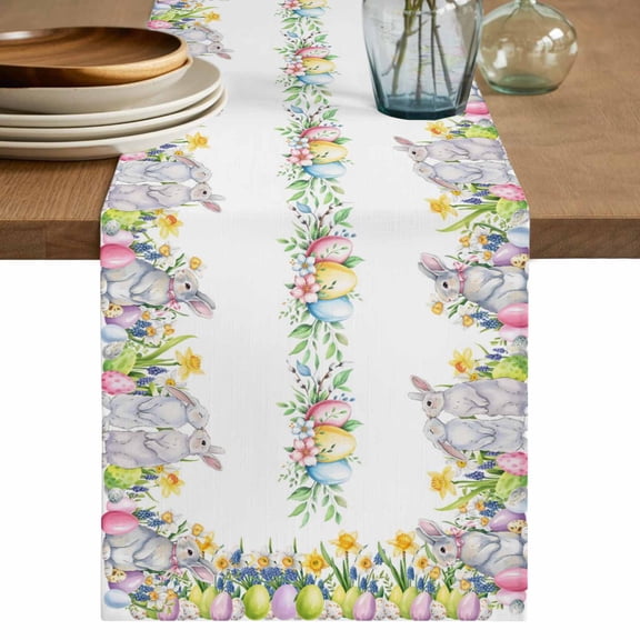 Easter Eggs Table Runner 36 Inches, Spring Watercolor Bunny Flower Leaf Plant Bed Runner Dresser Scarves Tabletop for Indoor Outdoor Parties/Ceremony/Banquet, 13"x 36"