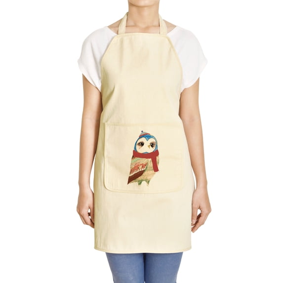 Fashionable Owl 3 Printed Khaki Kitchen Apron 27 x 32.5 Inch with Pocket APR