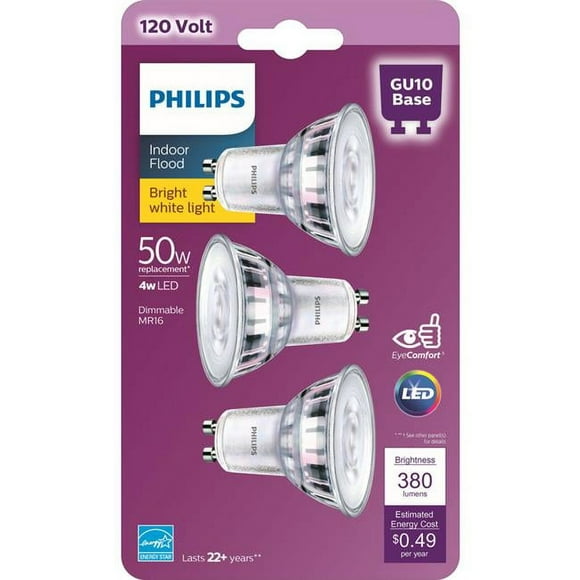Philips 3001874 50 watt Equivalence MR16 GU10 LED Bulb, Bright White - Pack of 3