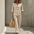 thumbnail image 2 of Boho Button-Front V-Neck Ruffle Sleeve Two-Piece Set for Women, Lightweight Wide Leg Pants & Top Outfit - Summer Vacation Beach Resort Casual Loungewear Khaki XXXL, 2 of 5