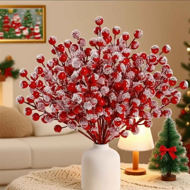 Aodebiao Tiges de Baies Artificielles de Noël avec Neige et Givre, Fausses Branches de Fruits Rouges Réalistes pour Décorations de Fête DIY, Couronnes, Centres de Table, Arrangements de Table, Décor Festif pour la Maison et les Fêtes