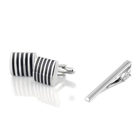 Zodaca Men's Silver Square Black Stripe Cufflinks + Silver Ridge Tie Clip