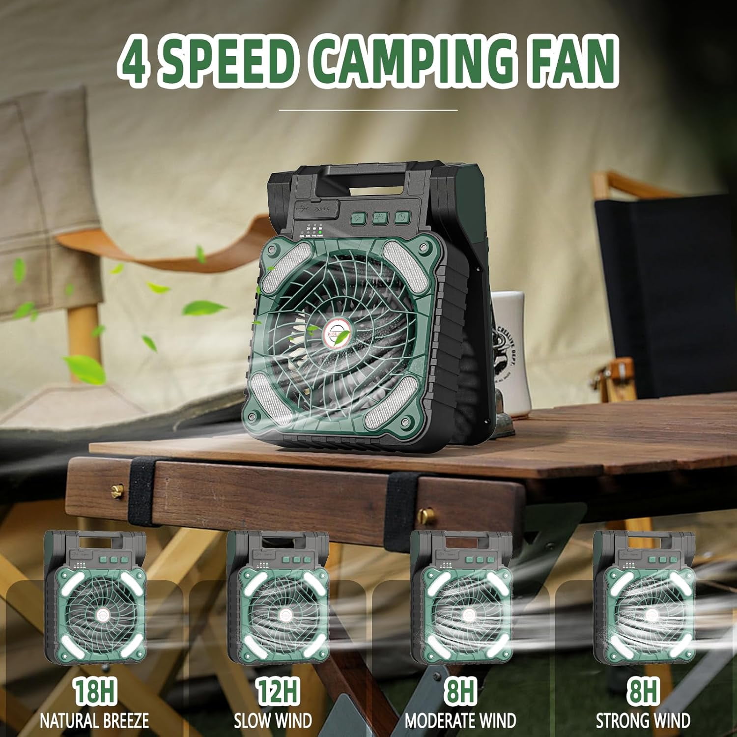 Solar Camping Fan with Light, 4 Speeds USB Rechargeable Solar Powered Fan with Timer, 90° Folding Portable Desk Fan with Power Bank Feature for Hurricane Outages Outdoor Camping Fishing Travel BBQ