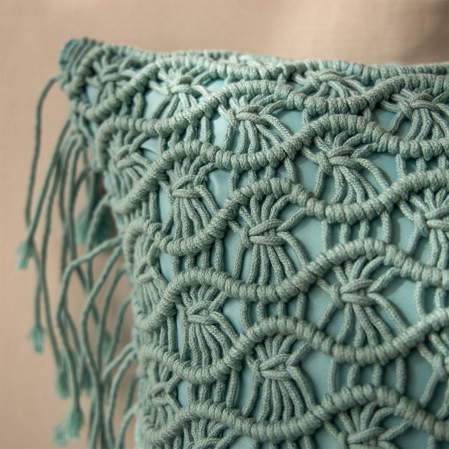Phantoscope 100% Cotton Handmade Crochet Woven Decorative Throw Pillow, 18 x 18 in Square Cushion with Tassels, Boho Style, Turquoise, 1 Pack