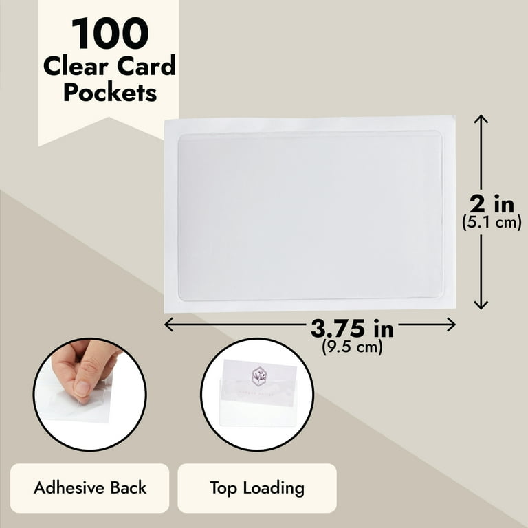 Juvale 100 Pack Business Card Pocket Holders, Clear Self-Adhesive Top Load Plastic Protector Sleeves (3.75 x 2 in)