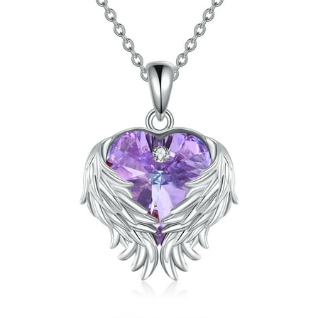 JUSORA Angel Wings Necklace for Women 925 Sterling Silver Love Heart Purple Crystal Pendant Anniversary Birthday Jewelry Gifts for Women Mom