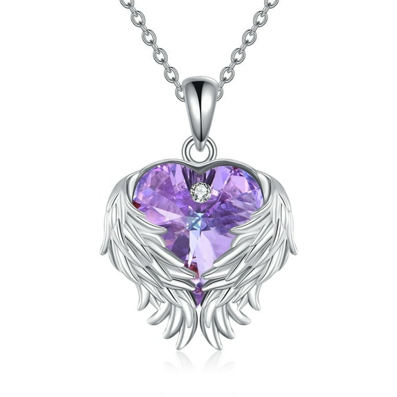 JUSORA Angel Wings Necklace for Women 925 Sterling Silver Love Heart Purple Crystal Pendant Anniversary Birthday Jewelry Gifts for Women Mom