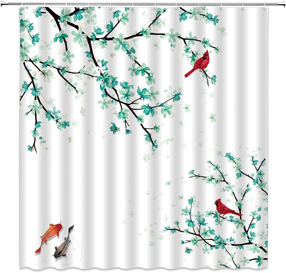 Sonernt Cherry Blossom Shower Curtain Turquoise Plum Flower Koi Fish