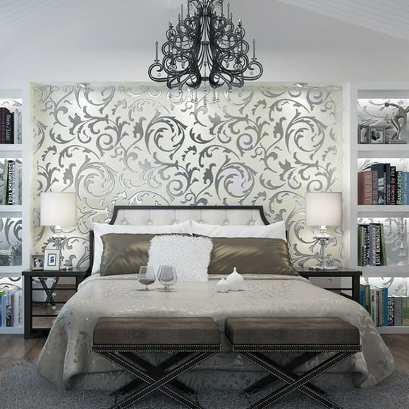 DPTALR 1x 10M Luxury Silver 3D Damask Embossed Wallpaper Rolls Home Art Decor