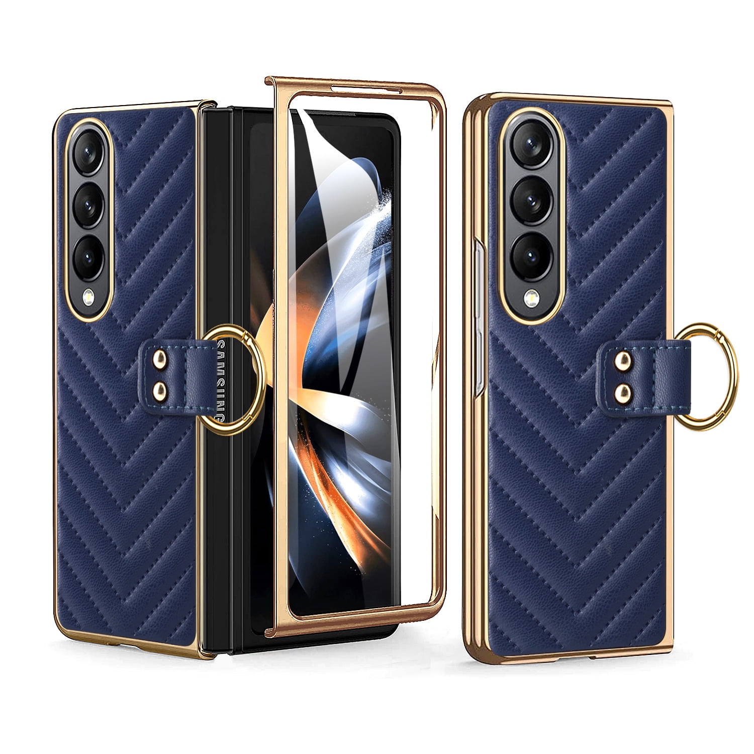 High Quality Electroplated Folding Screen Phone Leather Case for Samsung Fold 6, Ring Bracket Shell Film Protective Cover