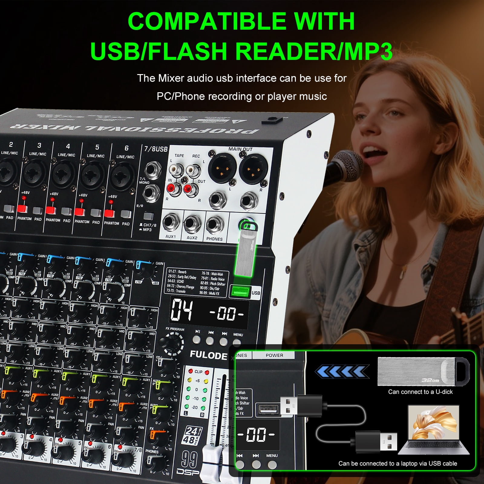 Audio Mixer 8 Channel Professional Sound Mixer Console with 99 DSP Effects, Mixing Board DJ Mixer w/USB, Bluetooth, 48V Power Supply, PAD Button for Recording Karaoke PA Drum Live Music